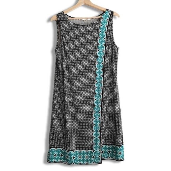 MAX STUDIO Geometric Blue Pattern Stretchy Faux Wrap Mini Dress Sz L - Picture 2 of 15